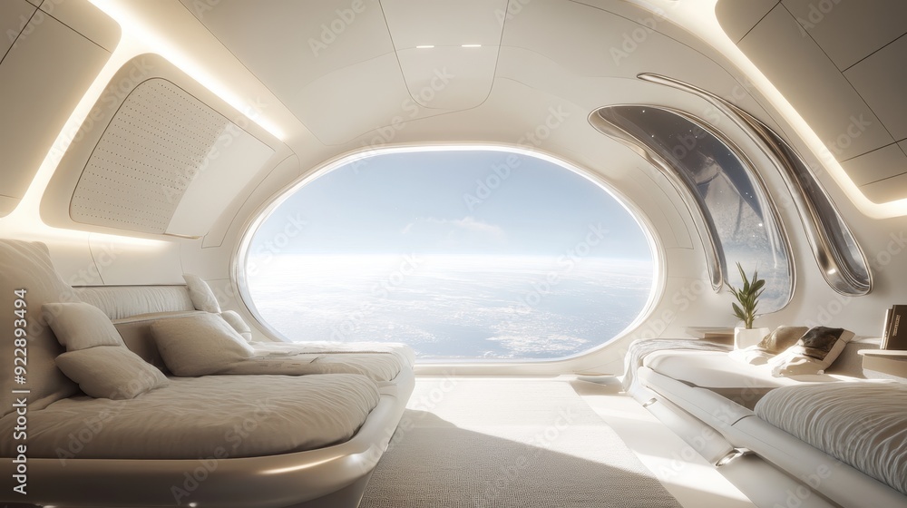 Futuristic Spacecraft Cabin Interior with Large Window View of Earth. Futuristic Spacecraft Cabin Interior with Large Window View of Earth.