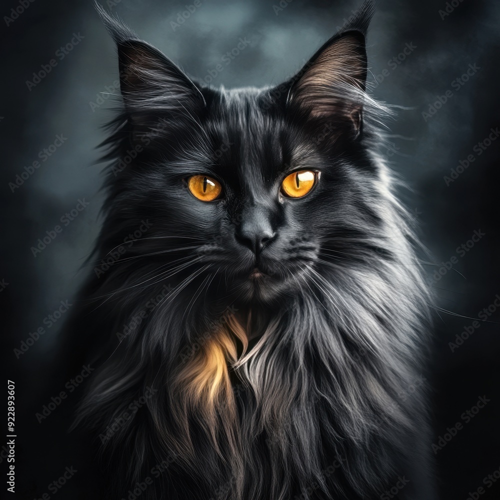 Close-Up Portrait of a Black Maine Coon Cat with Bright Yellow Eyes. Close-Up Portrait of a Black Maine Coon Cat with Bright Yellow Eyes.
