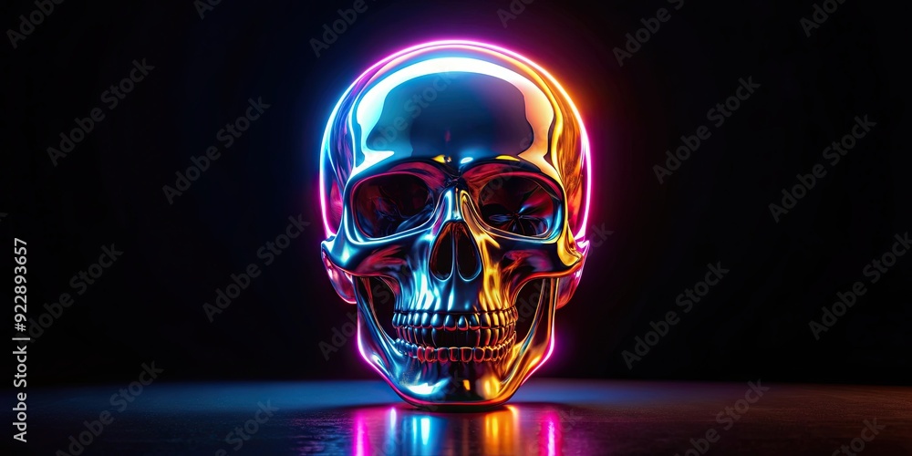 Neon reflection chrome skull on black background, neon, reflection, chrome, skull, Halloween, eerie, glowing, metallic, shiny Neon reflection chrome skull on black background, neon, reflection, chrome, skull, Halloween, eerie, glowing, metallic, shiny
