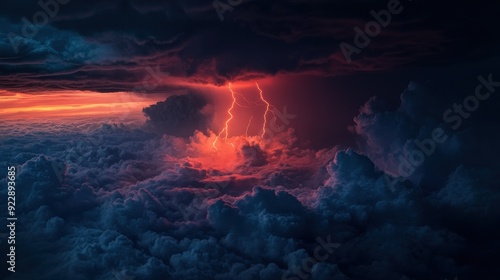 Dramatic Lightning Strike Over Dark Clouds at Sunset