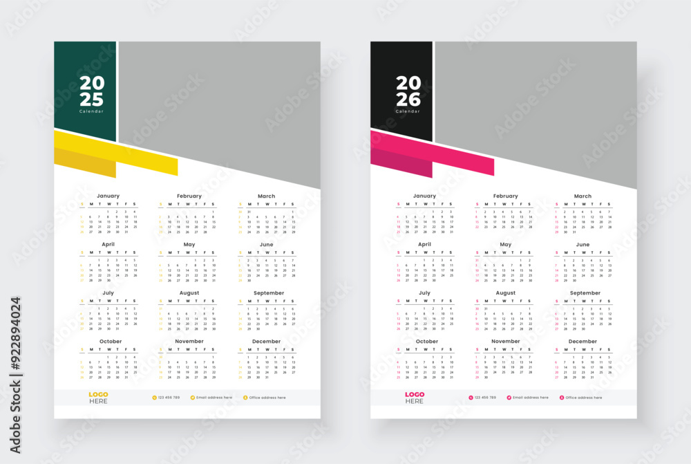 One page wall calendar for 2025, 2026. Week starts on Sunday. One page ...