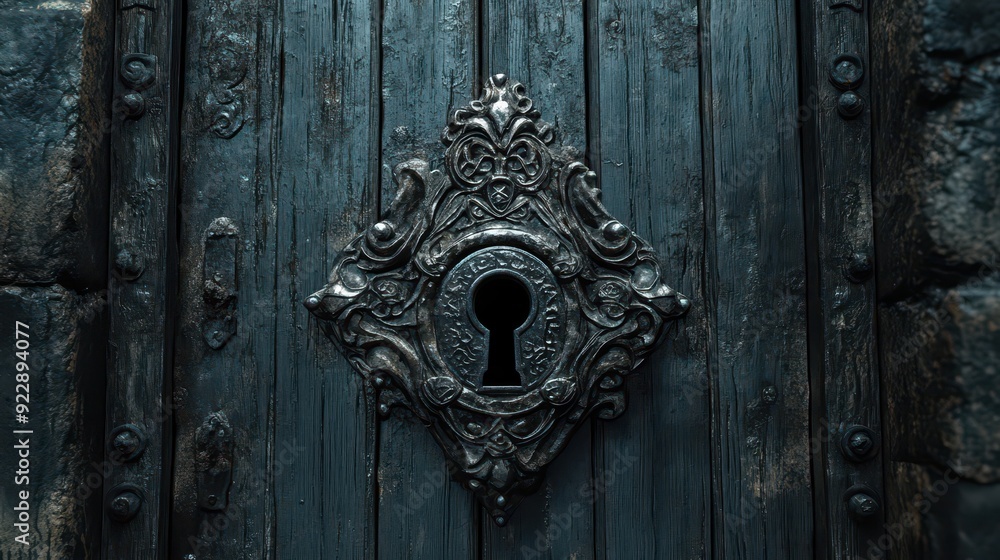 Ornate Keyhole on Dark Wooden Door. Ornate Keyhole on Dark Wooden Door.