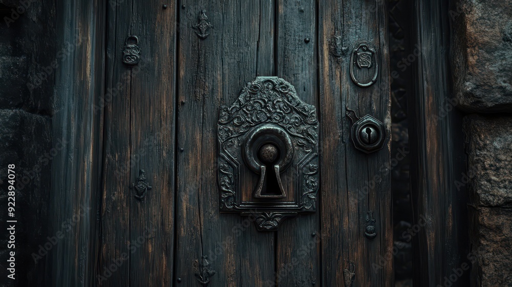 Ornate Black Metal Door Knob on Dark Wooden Door. Ornate Black Metal Door Knob on Dark Wooden Door.