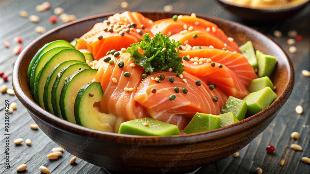 Fresh salmon sashimi and creamy avocado slices mingle in a vibrant bowl, topped with toasted sesame seeds and drizzled with a spicy sriracha-infused mayo sauce. Fresh salmon sashimi and creamy avocado slices mingle in a vibrant bowl, topped with toasted sesame seeds and drizzled with a spicy sriracha-infused mayo sauce.