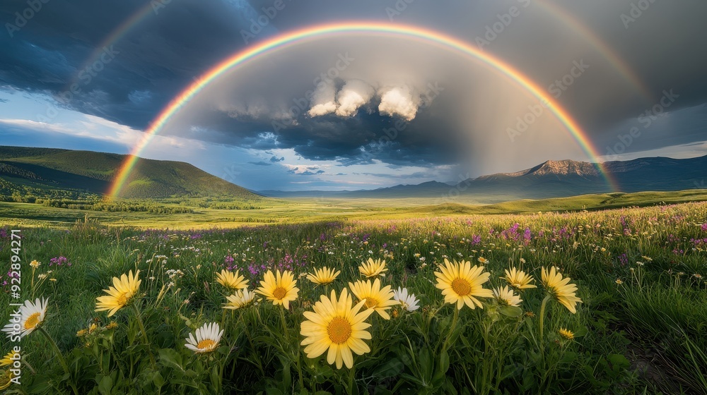 Double Rainbow Over Wildflowers and Mountains - Breathtaking Landscape Photography. Double Rainbow Over Wildflowers and Mountains - Breathtaking Landscape Photography.