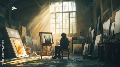 Artist Painting in a Sunlit Studio with Easel, Canvas, and Abstract Artwork.