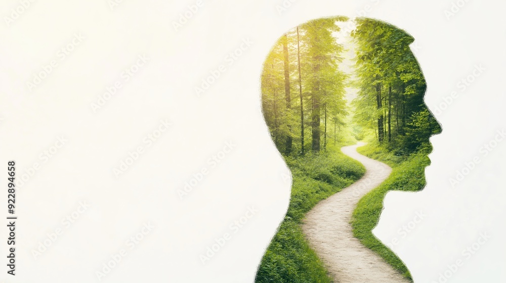 A patient visualizing a pathway through a forest, symbolizing clarity in treatment , Double exposure, forest path backdrop A patient visualizing a pathway through a forest, symbolizing clarity in treatment , Double exposure, forest path backdrop
