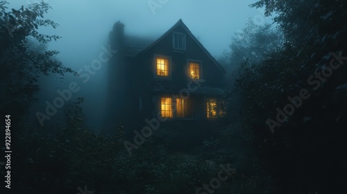 Mysterious Foggy Night with a Lit House in the Woods.