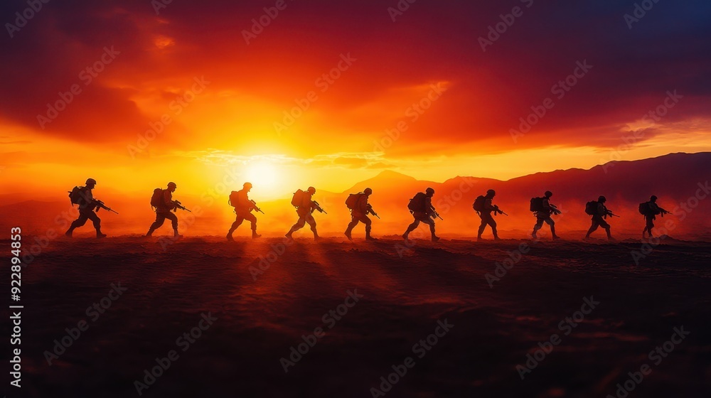 Silhouette of Soldiers Marching at Sunset in a Desert Landscape. Silhouette of Soldiers Marching at Sunset in a Desert Landscape.