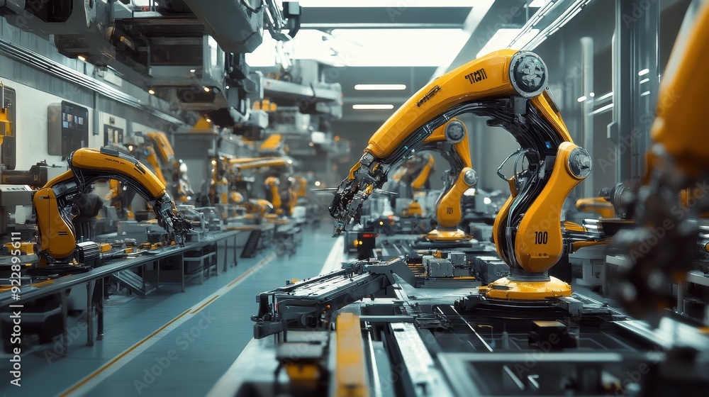 Automated Assembly Line with Yellow Industrial Robots in Modern Factory. Automated Assembly Line with Yellow Industrial Robots in Modern Factory.