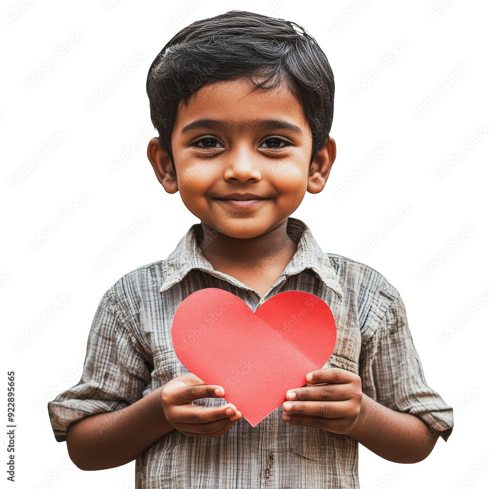 PNG Young boy holding a red heart cutout indoors PNG Young boy holding a red heart cutout indoors
