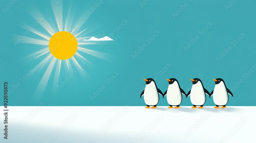 Naklejka premium Playful Cartoon Penguins Sliding on Ice - Flat Design Illustration with Copy Space for Text