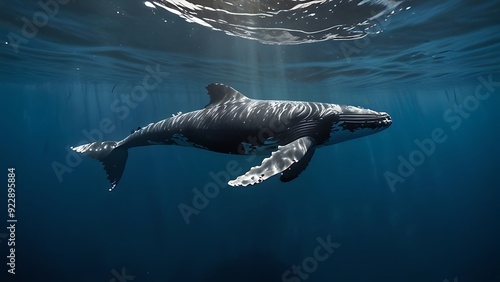 A whale swimming from the deep sea to the surface, under the underwater light rays of the sun.