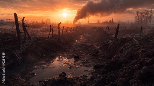 Barbed Wire Fence and Industrial Smokestack at Sunset in a Post-Apocalyptic Landscape