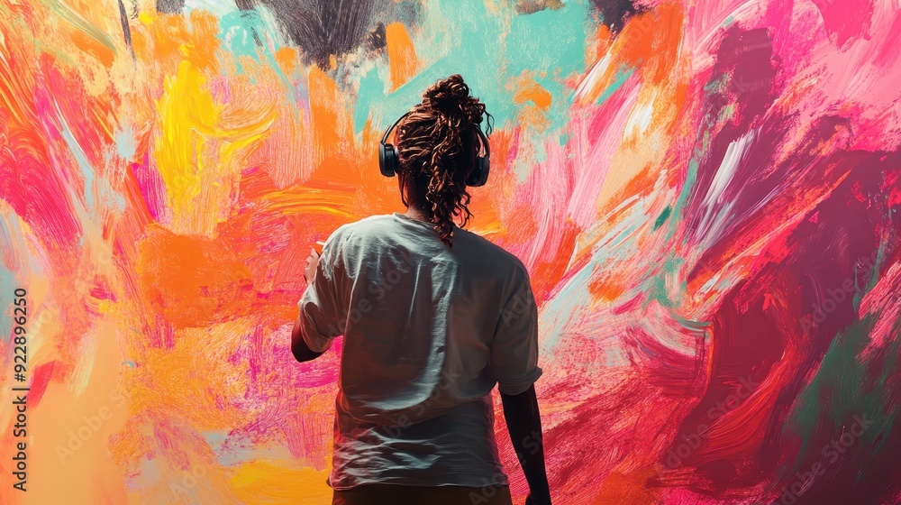 Woman Artist Painting Abstract Art With Headphones. Woman Artist Painting Abstract Art With Headphones.