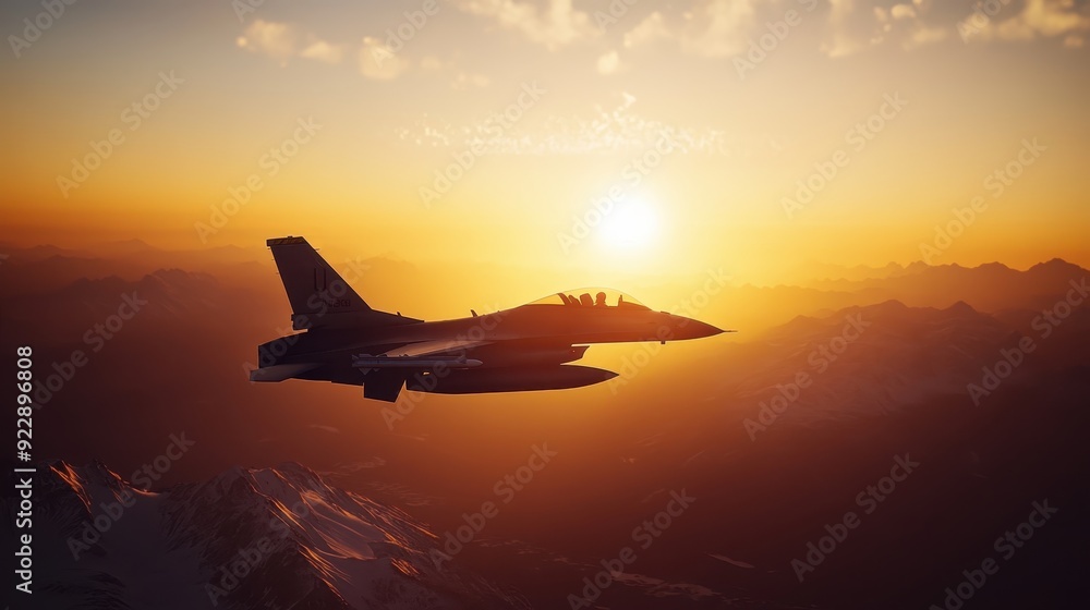 F-16 Fighter Jet Silhouette Flying Over Snowy Mountains at Sunset F-16 Fighter Jet Silhouette Flying Over Snowy Mountains at Sunset