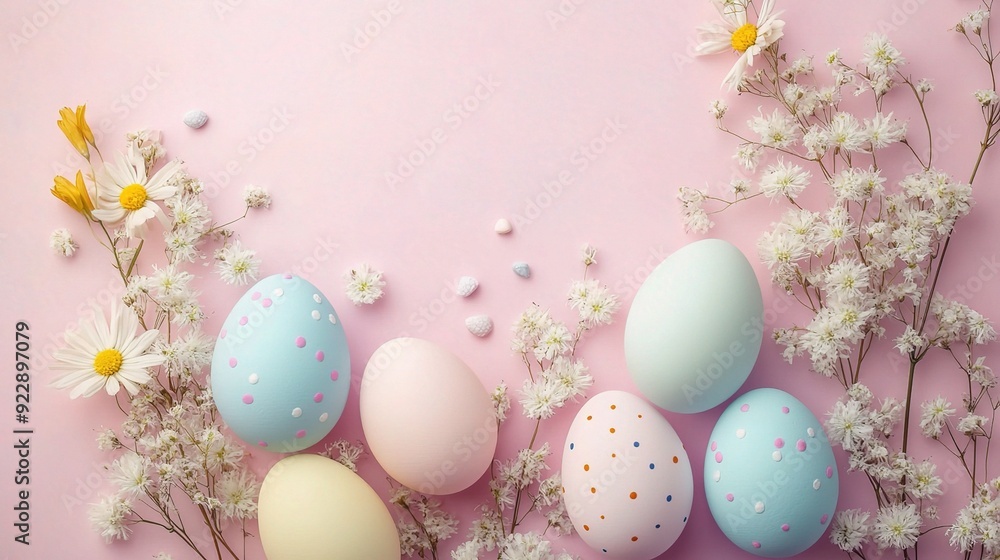 Pastel Easter Eggs and Blossoms: A delicate arrangement of pastel-hued Easter eggs nestled amidst blooming white flowers on a soft pink background. Pastel Easter Eggs and Blossoms: A delicate arrangement of pastel-hued Easter eggs nestled amidst blooming white flowers on a soft pink background.