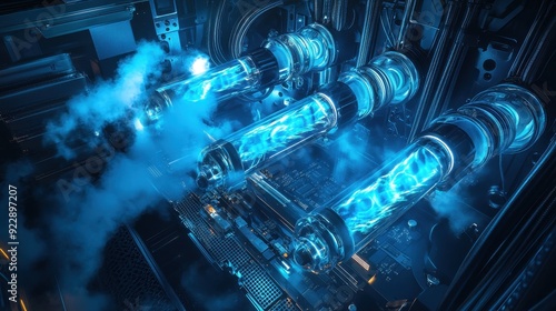 Close-Up of Blue Liquid Cooled CPU with Smoke and Vapor photo