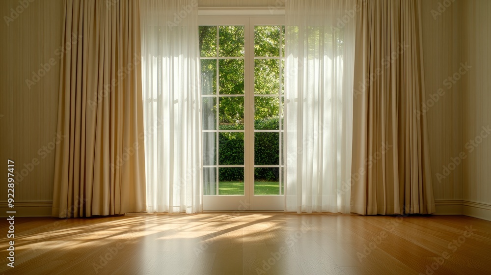 Fototapeta premium Empty Room With Cream Wallpaper, Sunlight Streaming Through Sheer Curtains