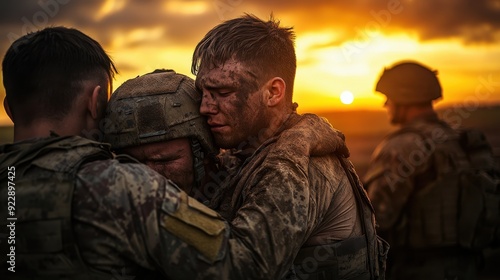 Soldiers Embrace at Sunset After a Hard-Fought Battle