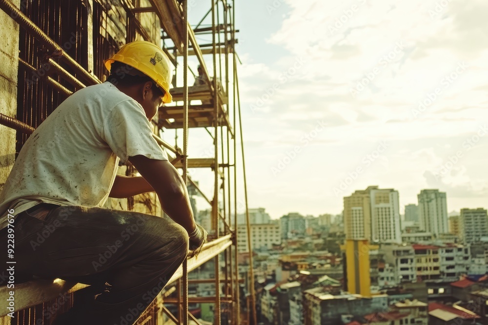 construction worker wearing hard hat on scaffolding in building construction for safety purpose construction worker wearing hard hat on scaffolding in building construction for safety purpose