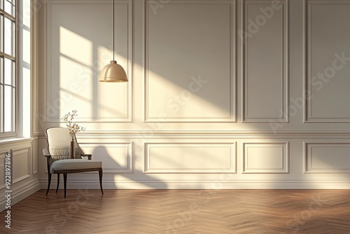 Luxury empty room with floor lamp and side table, hanging lamp, wall cornice and wood floor. 3d rendering with generative ai