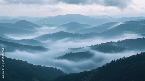 Misty Mountain Landscape with Layers of Fog and Blue Hues