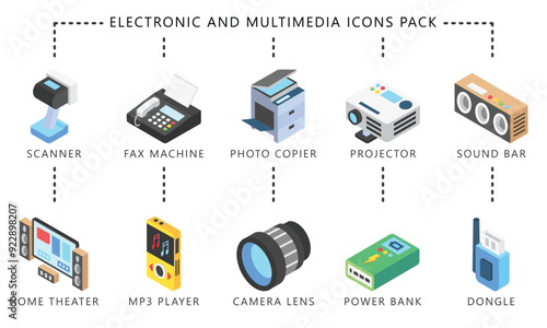Electronic and multimedia isometric 3d icons set, contain scanner, lens, game console, dongle, projector. vector EPS 10. use for UI, UX technology, home appliances theme, app and web development.