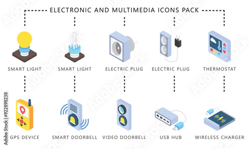 Electronic and multimedia isometric 3d icons set, contain plug, thermostat, USB hub, gps, bulb, bell and more. vector EPS 10. use for UI, UX technology, home appliances theme, app and web development.