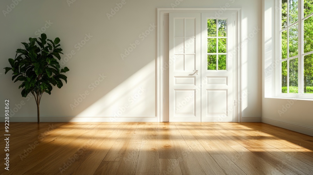 Fototapeta premium Empty Room With White Walls And Wood Flooring, Sunlight Creating Soft Patterns