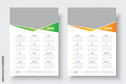 2025 One page wall calendar design template, Minimalist style calendar, Week starts on Sunday.