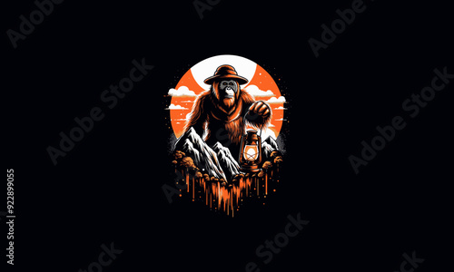 orangutan holding lantern on mountain vector artwork design photo