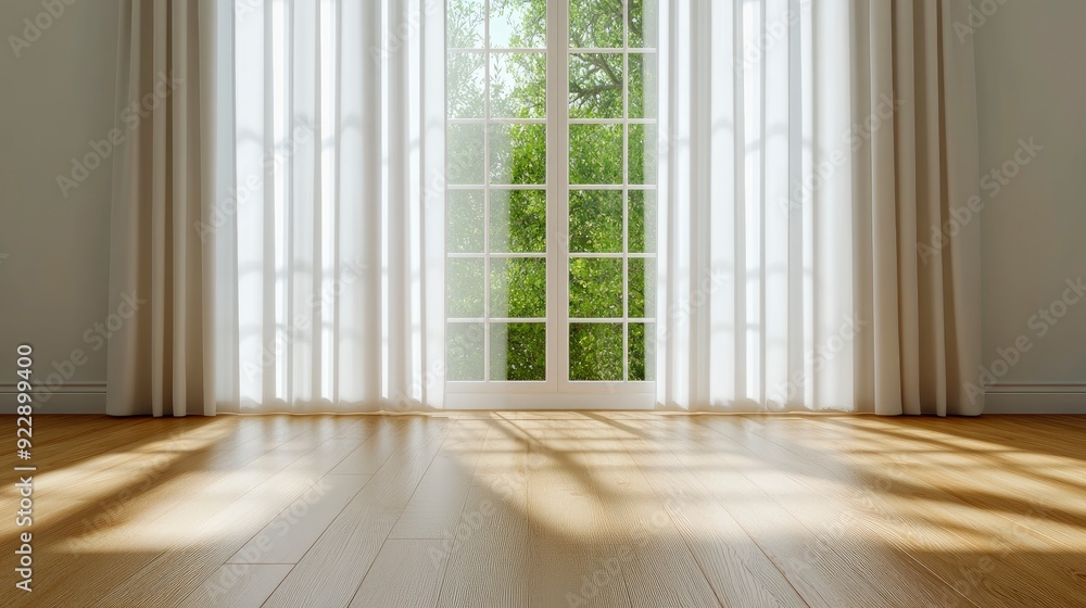 Fototapeta premium Empty Room With White Walls, Sunlight Filtering Through Sheer Curtains