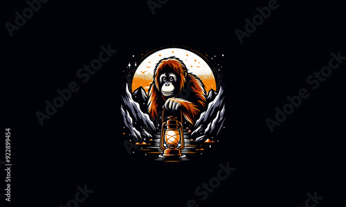 orangutan holding lantern on mountain vector artwork design photo