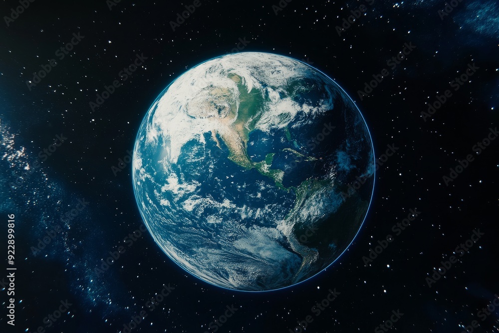 Obraz premium Realistic image of Earth from space, displaying the vibrant blue oceans and diverse landmasses. The dark, starry background contrasts with the planet’s bright colors