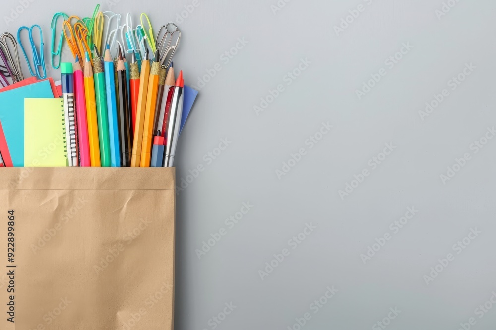 Fototapeta premium Colorful Stationery Supplies in a Brown Paper Bag