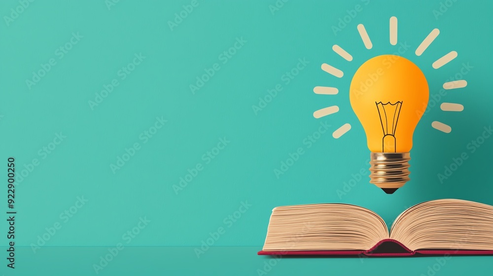 Bright light bulb emerging from a book, knowledge and ideas, flat design illustration Bright light bulb emerging from a book, knowledge and ideas, flat design illustration