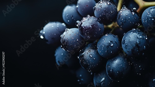 Close-up of a bunch of dark purple grapes with water droplets on them, against a black background.