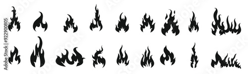 isolated black fires silhouettes fire flames icons monochrome burn heat elements hot campfire pictog.