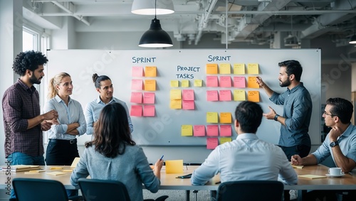 A group of five professionals engaged in a discussion around a whiteboard covered with colorful sticky notes. Agile Team Collaboration in a Sprint Planning Session. photo