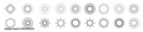 Sunburst. Radial sunlight vintage emblems, bursting rays sunrise. Firework starbursts, blast burst sunset star light sunshine spark. Explode, trendy sunbeam vector set