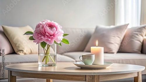 Fototapeta Naklejka Na Ścianę i Meble -  Elegant coffee table with peony and candle , elegant, coffee table, peony, flower, candle, decor, interior, luxury