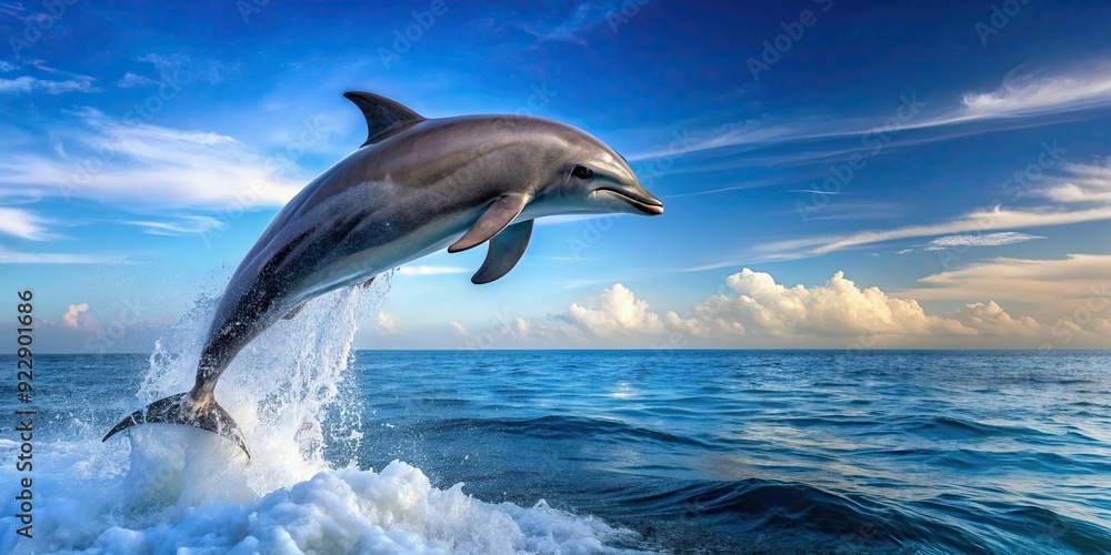 Dolphin gracefully jumps out of ocean water, marine life, animal, mammal, wildlife, nature, aquatic, majestic, playful, splash Dolphin gracefully jumps out of ocean water, marine life, animal, mammal, wildlife, nature, aquatic, majestic, playful, splash