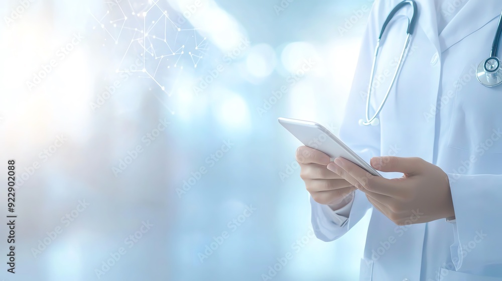A healthcare professional using a smartphone in a modern medical environment, showcasing technology in medicine and remote patient monitoring A healthcare professional using a smartphone in a modern medical environment, showcasing technology in medicine and remote patient monitoring