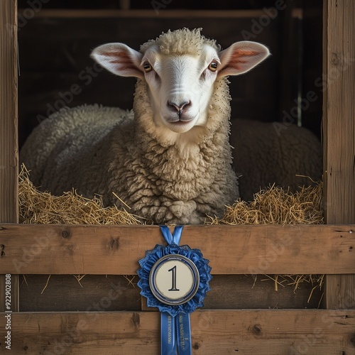 Close view of a prize-winning sheep at the county fair.