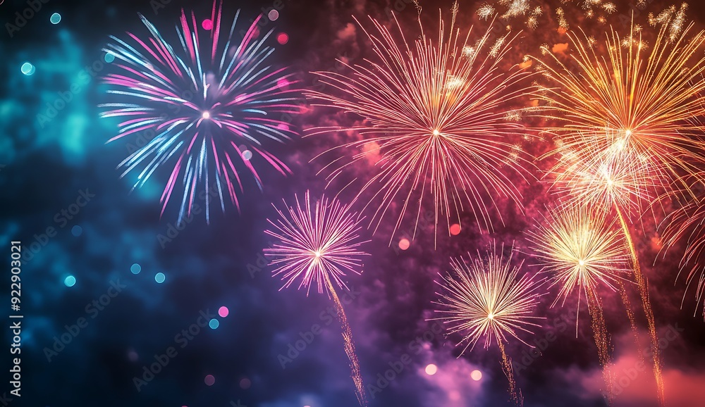 Fototapeta premium New Years background with colorful fireworks on a dark background