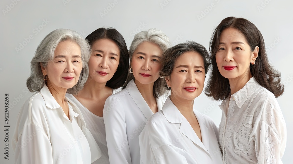 Portrait of group of middle aged Asian women with natural color clothes. Skin care. Cosmetics. Anti-aging. Portrait of group of middle aged Asian women with natural color clothes. Skin care. Cosmetics. Anti-aging.