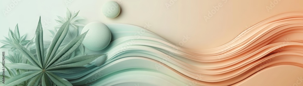 Obraz premium A serene abstract design featuring flowing waves and leaf patterns in soft green and peach tones, perfect for backgrounds.