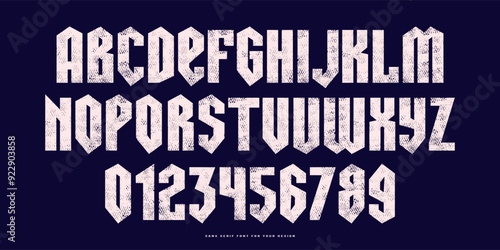 Sans serif font in black letter style. Letters and numbers with rough texture for logo and emblem design. White print on black background