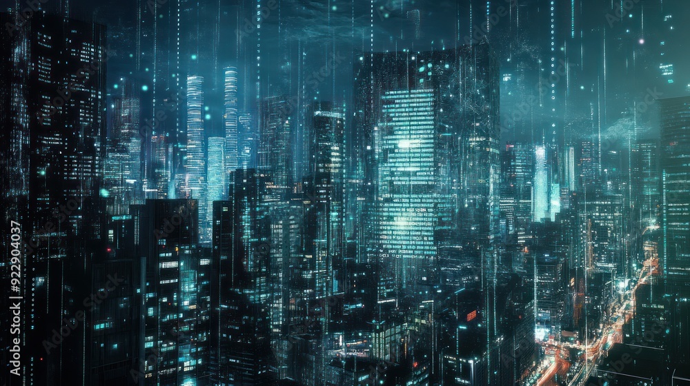 Futuristic Cityscape with Digital Rain Futuristic Cityscape with Digital Rain